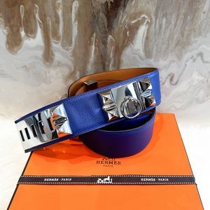 Hermes Blue Electrique Epsom Leather Medor Silver Belt Sz 85 Collier De Chien